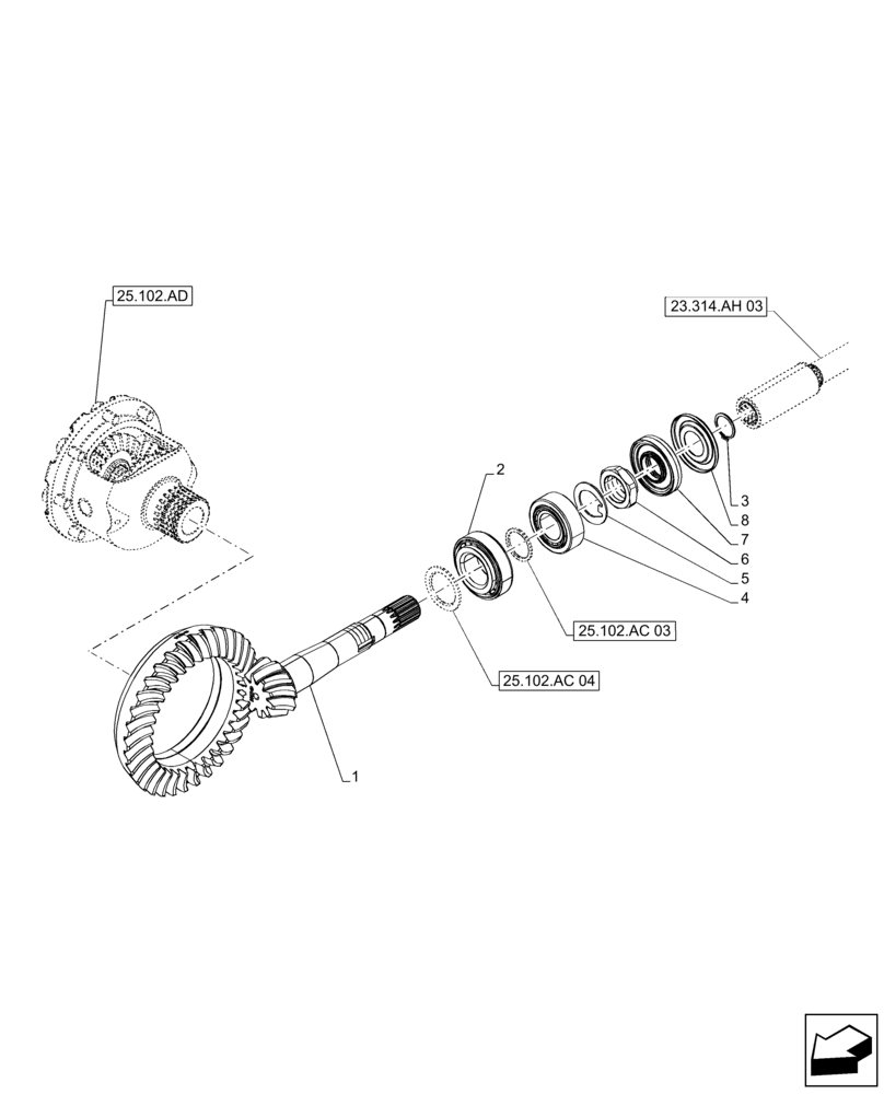 Схема запчастей Case IH FARMALL 140A - (25.102.AC[02]) - VAR - 390509 - FRONT AXLE, BEVEL GEAR (25) - FRONT AXLE SYSTEM