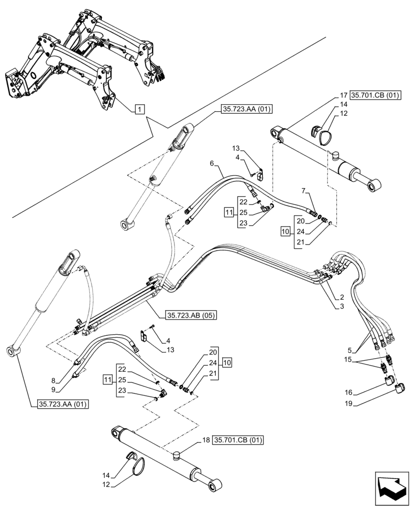 Схема запчастей Case IH FARMALL 95C - (35.701.AX[04]) - VAR - 336735, 336739 - LOADER ARM, BOOM CYLINDER LINES (35) - HYDRAULIC SYSTEMS