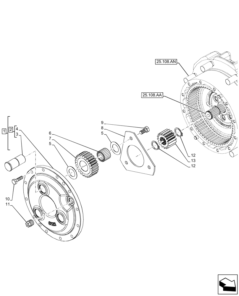 Схема запчастей Case IH FARMALL 140A - (25.108.AB[01]) - VAR - 390509 - FRONT AXLE, PLANETARY REDUCER (25) - FRONT AXLE SYSTEM