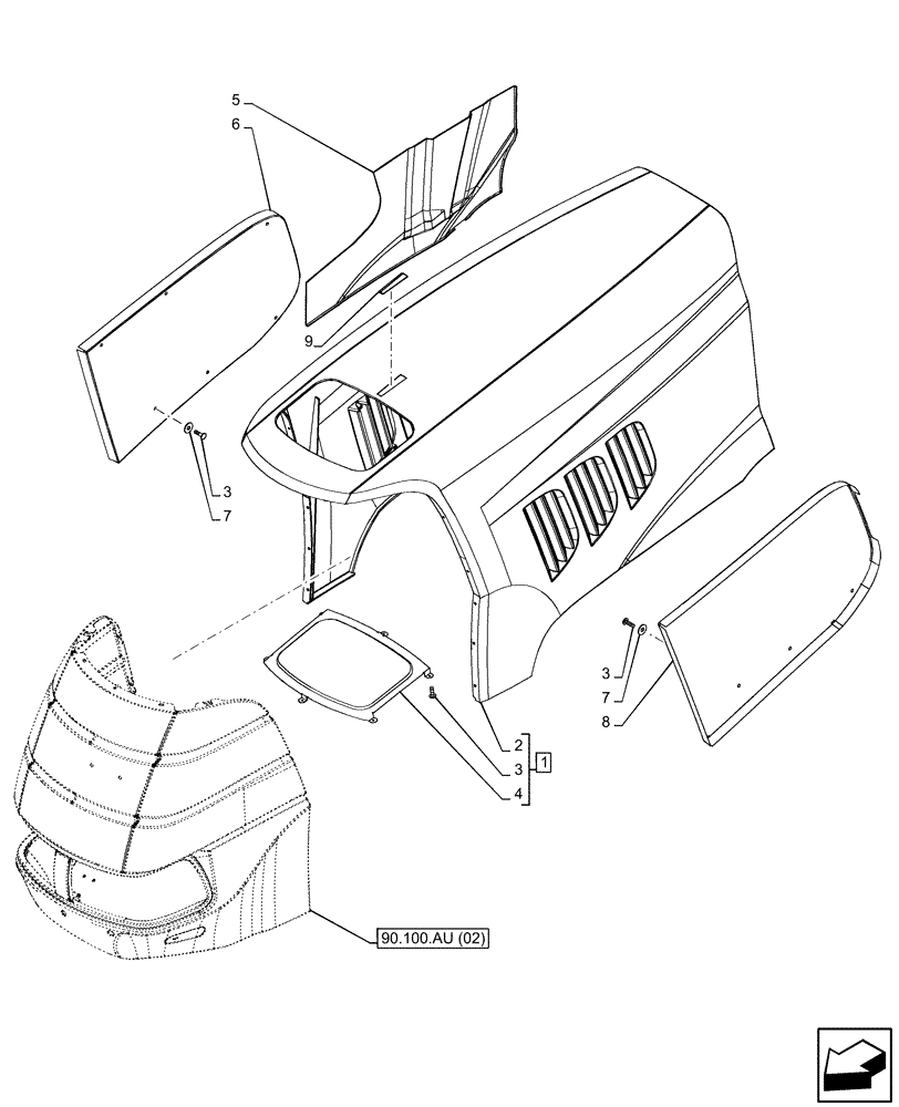 Схема запчастей Case IH PUMA 150 - (90.100.AU[01]) - VAR - 391216, 758207, 758208, 758210, 758951 - HOOD (90) - PLATFORM, CAB, BODYWORK AND DECALS