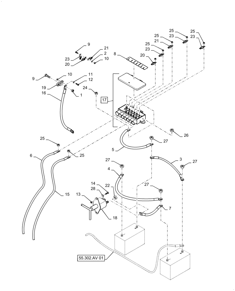 Схема запчастей Case IH TITAN 4540 - (55.302.AI[01]) - BATTERY CUT-OUT AND FUSE BOX (55) - ELECTRICAL SYSTEMS