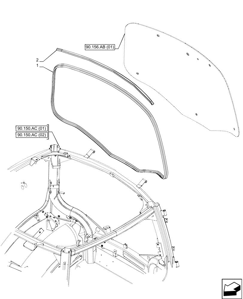 Схема запчастей Case IH PUMA 150 - (90.156.AF[01]) - WINDOW, REAR, GLASS SEAL, 1 DOOR (90) - PLATFORM, CAB, BODYWORK AND DECALS
