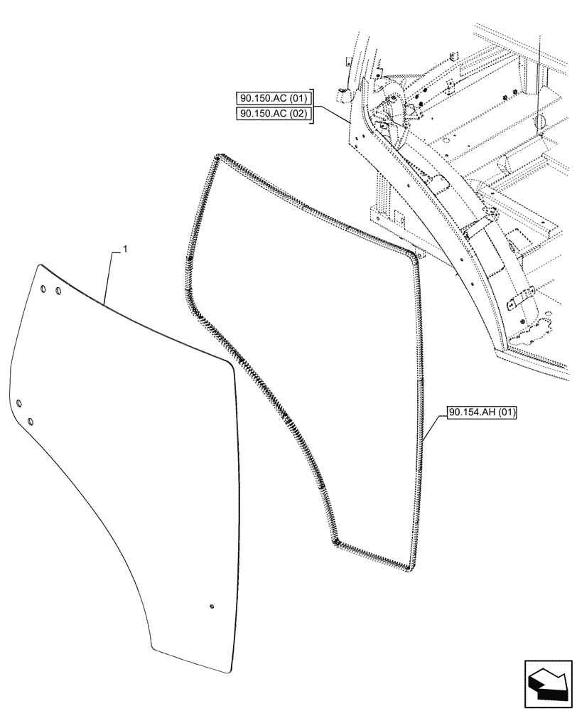 Схема запчастей Case IH PUMA 150 - (90.154.AV[02]) - CAB DOOR, GLASS, RH, 1 DOOR (90) - PLATFORM, CAB, BODYWORK AND DECALS