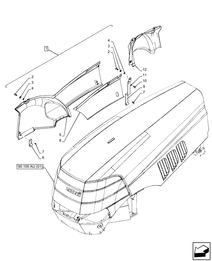 Схема запчастей Case IH PUMA 185 CVT - (90.100.AC[01]) - VAR - 391216, 758207, 758208, 758210, 758951 - HOOD, SIDE PANEL, RH (90) - PLATFORM, CAB, BODYWORK AND DECALS