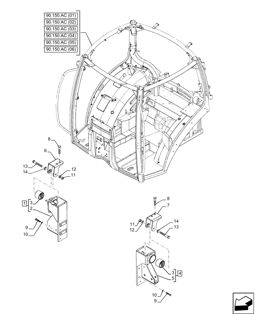 Схема запчастей Case IH PUMA 165 CVT - (90.150.AE[01]) - VAR - 391183, 391184, 758159 - CAB, FRONT, MOUNT (90) - PLATFORM, CAB, BODYWORK AND DECALS