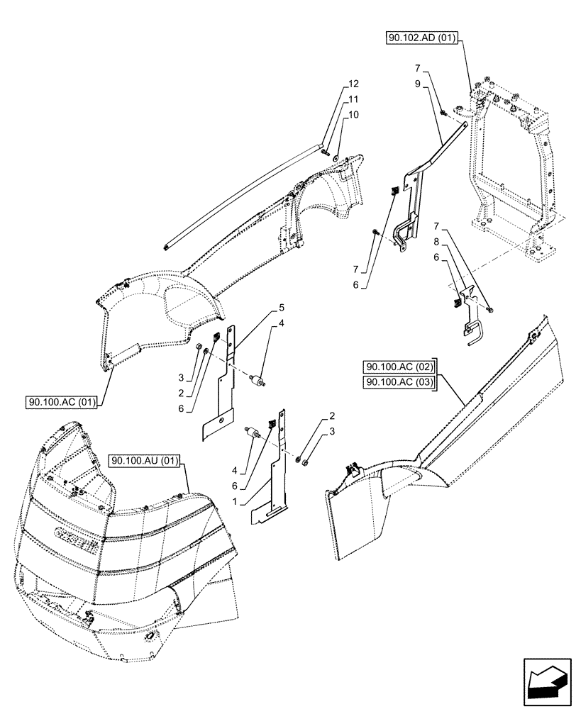 Схема запчастей Case IH PUMA 240 CVT - (90.102.BT) - VAR - 391216, 758207, 758208, 758210, 758951 - HOOD, SIDE PANEL, SUPPORT (90) - PLATFORM, CAB, BODYWORK AND DECALS