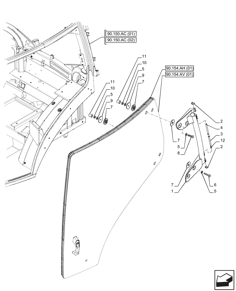 Схема запчастей Case IH PUMA 150 - (90.154.AE[01]) - CAB DOOR, HINGE, LH, 1 DOOR (90) - PLATFORM, CAB, BODYWORK AND DECALS