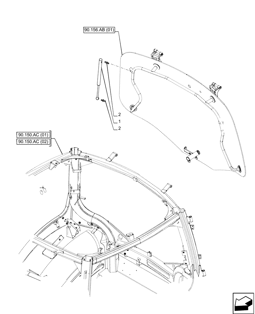 Схема запчастей Case IH PUMA 150 CVT - (90.156.AE[01]) - WINDOW, REAR, GAS STRUT, 1 DOOR (90) - PLATFORM, CAB, BODYWORK AND DECALS