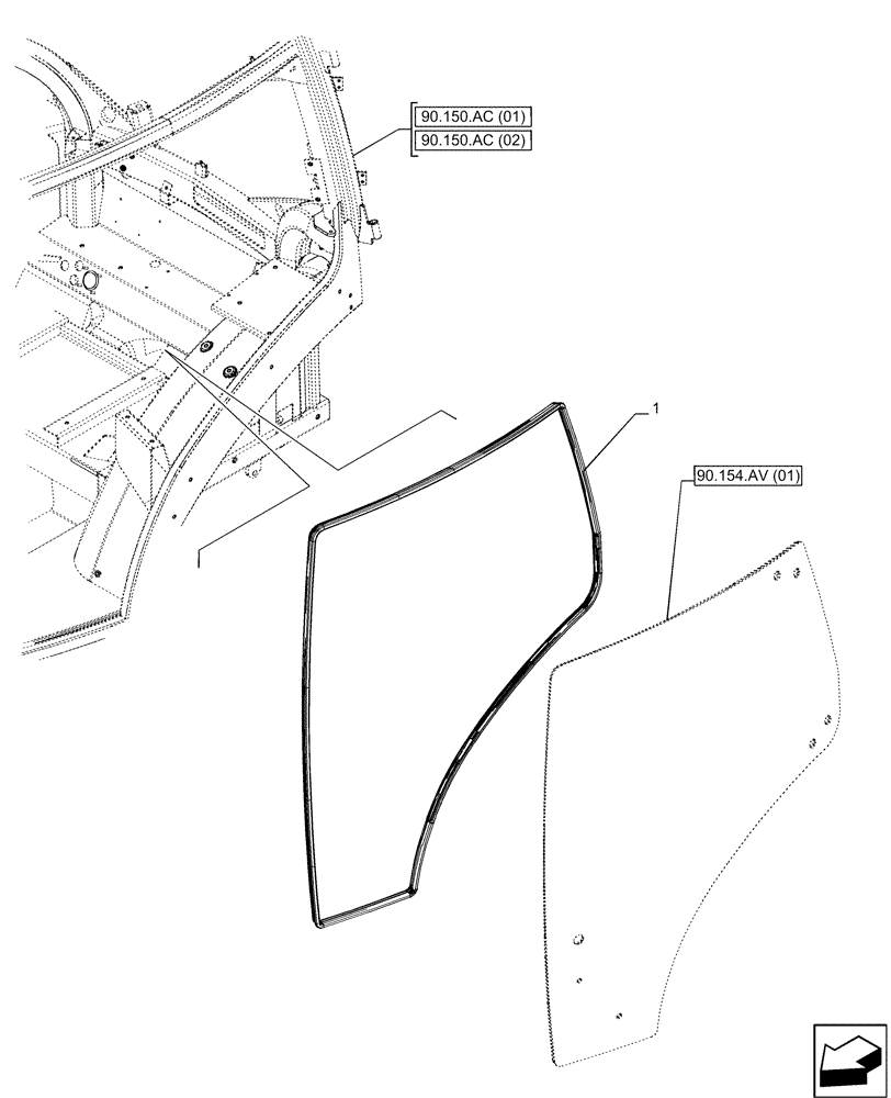 Схема запчастей Case IH PUMA 150 CVT - (90.154.AH[01]) - CAB DOOR, GLASS SEAL, 1 DOOR (90) - PLATFORM, CAB, BODYWORK AND DECALS