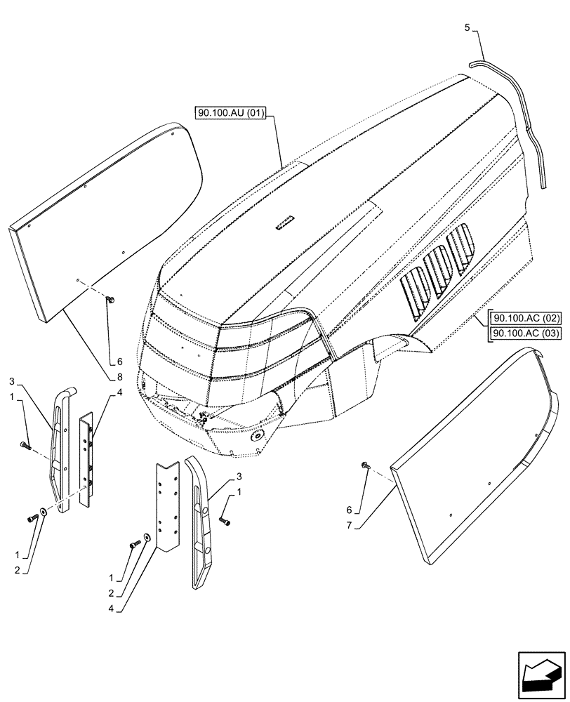 Схема запчастей Case IH PUMA 185 CVT - (90.100.AU[03]) - VAR - 391216, 758207, 758208, 758210, 758951 - HOOD, SEAL (90) - PLATFORM, CAB, BODYWORK AND DECALS