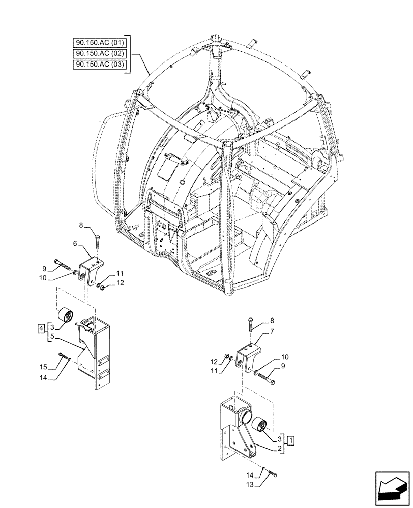 Схема запчастей Case IH PUMA 150 - (90.150.AE[01]) - VAR - 391183, 391184, 758159 - CAB, FRONT, MOUNT (90) - PLATFORM, CAB, BODYWORK AND DECALS