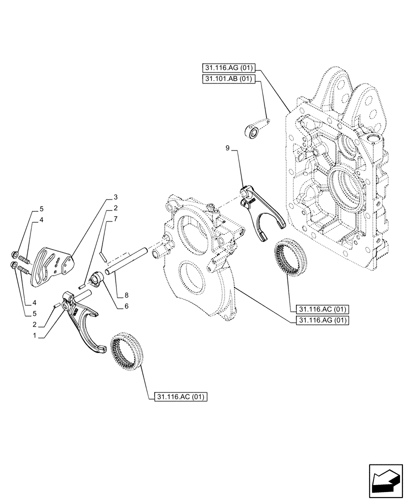 Схема запчастей Case IH PUMA 165 - (31.116.AK[02]) - VAR - 391139, 758023 - PTO 540/540E/1000 RPM, SELECTOR (31) - IMPLEMENT POWER TAKE OFF