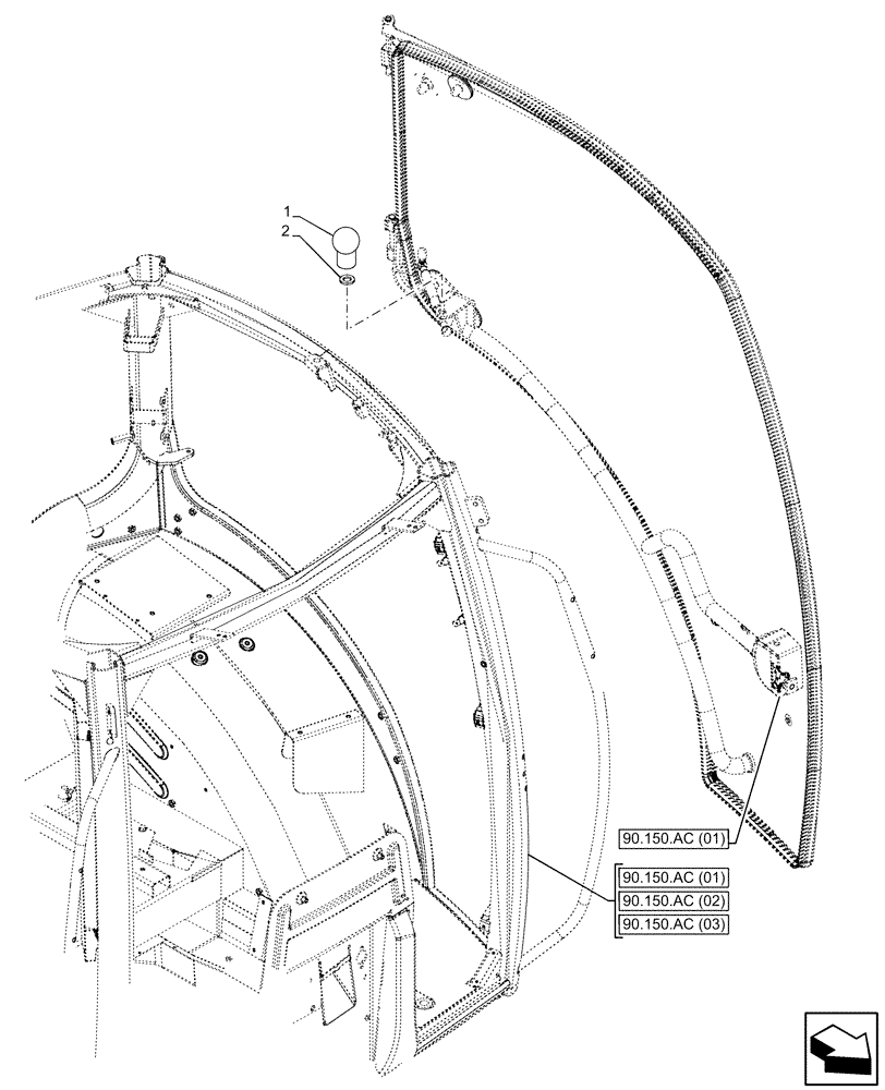 Схема запчастей Case IH PUMA 185 CVT - (90.154.AC[03]) - VAR - 391197, 391299, 391357, 758131, 758133, 758265, 758666, 758667, 758668, 758669, 759264, 759265, 759266 - CAB DOOR, HANDLE, GRAB RAIL (90) - PLATFORM, CAB, BODYWORK AND DECALS