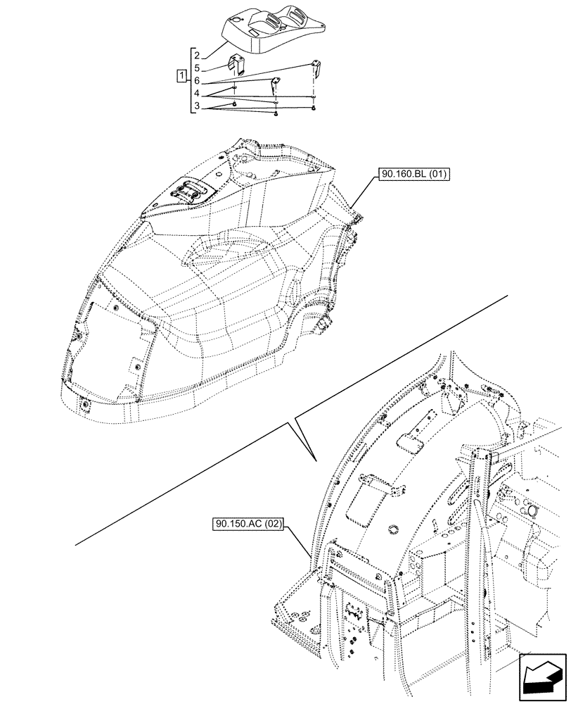 Схема запчастей Case IH PUMA 150 CVT - (90.160.BL[07]) - VAR - 758023 - PTO, CONTROL, COVER, RH (90) - PLATFORM, CAB, BODYWORK AND DECALS