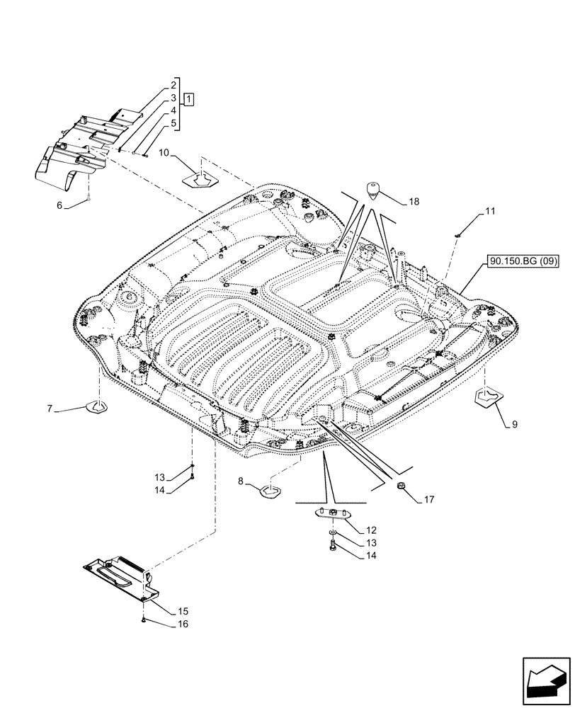 Схема запчастей Case IH PUMA 185 CVT - (90.150.BG[07]) - VAR - 338302, 338304, 338310, 338312 - CAB ROOF, W/ AUTOGUIDANCE (90) - PLATFORM, CAB, BODYWORK AND DECALS