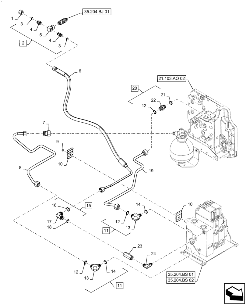 Схема запчастей Case IH MAXXUM 110 - (35.106.AS[02]) - VAR - 330560, 333560, 743689, 330561, 333561, 743690 - ELECTRONIC MID MOUNT VALVES - PILOT PIPES (35) - HYDRAULIC SYSTEMS