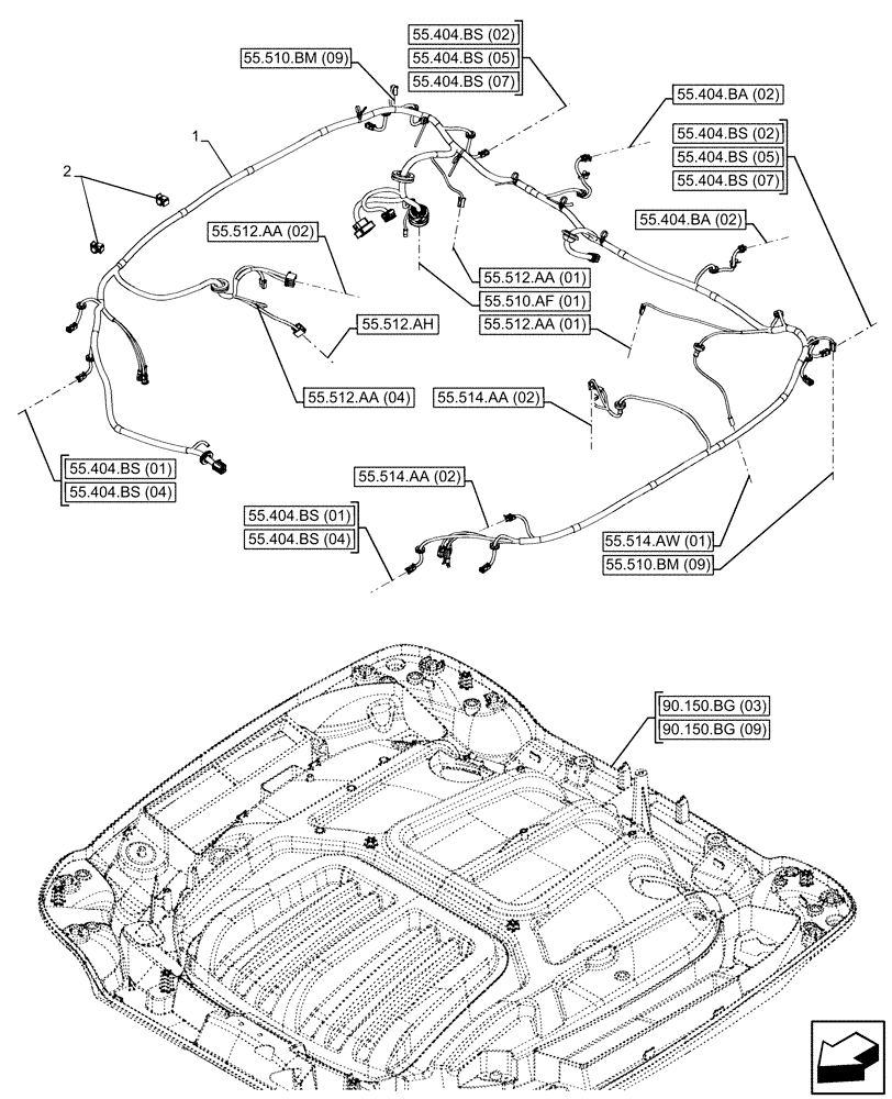 Схема запчастей Case IH PUMA 185 CVT - (55.510.AH[01]) - VAR - 338302, 338303, 338304, 338310, 338311, 338312, 391345, 758962 - CAB ROOF, HARNESS (55) - ELECTRICAL SYSTEMS