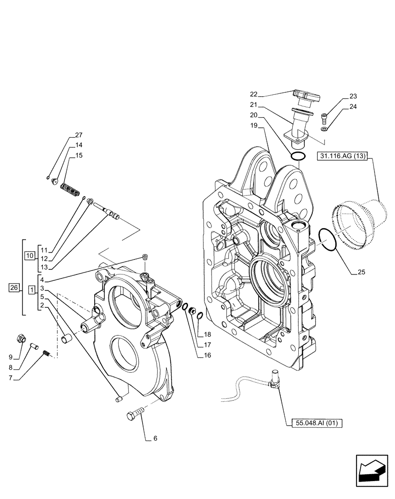 Схема запчастей Case IH PUMA 150 CVT - (31.116.AG[03]) - VAR - 391139, 758023 - PTO 540/540E/1000 RPM, HOUSING (31) - IMPLEMENT POWER TAKE OFF