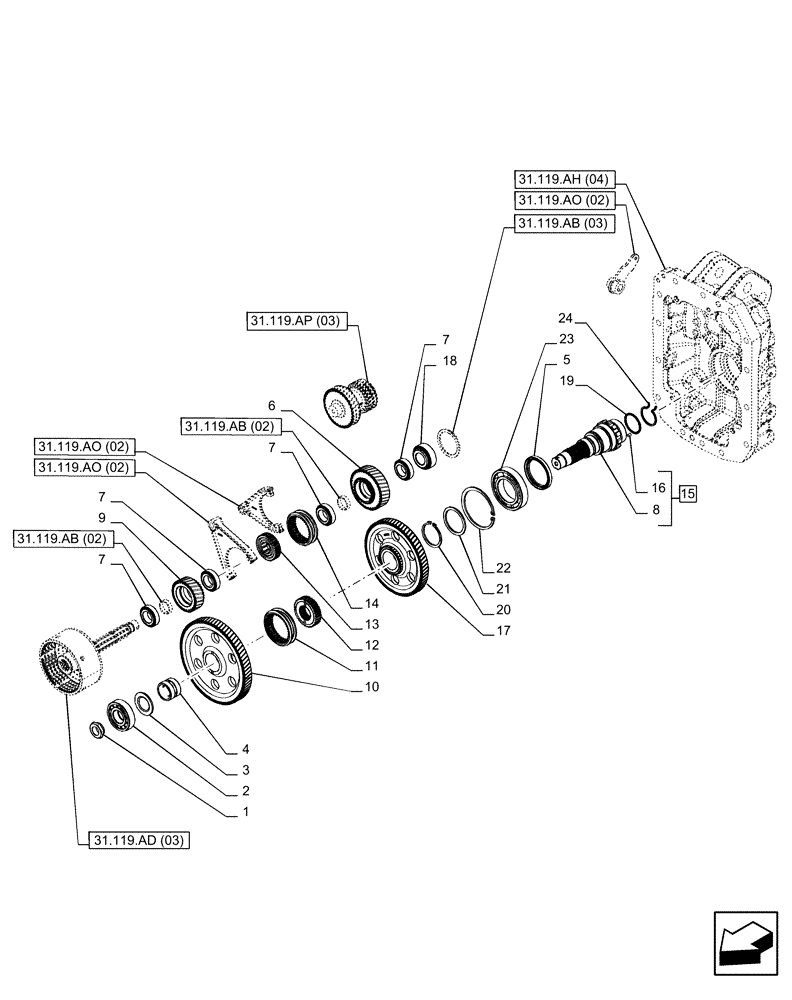 Схема запчастей Case IH PUMA 200 CVT - (31.119.AB[04]) - VAR - 758030 - PTO 540/540E/1000/1000E RPM, DRIVEN SHAFT (31) - IMPLEMENT POWER TAKE OFF