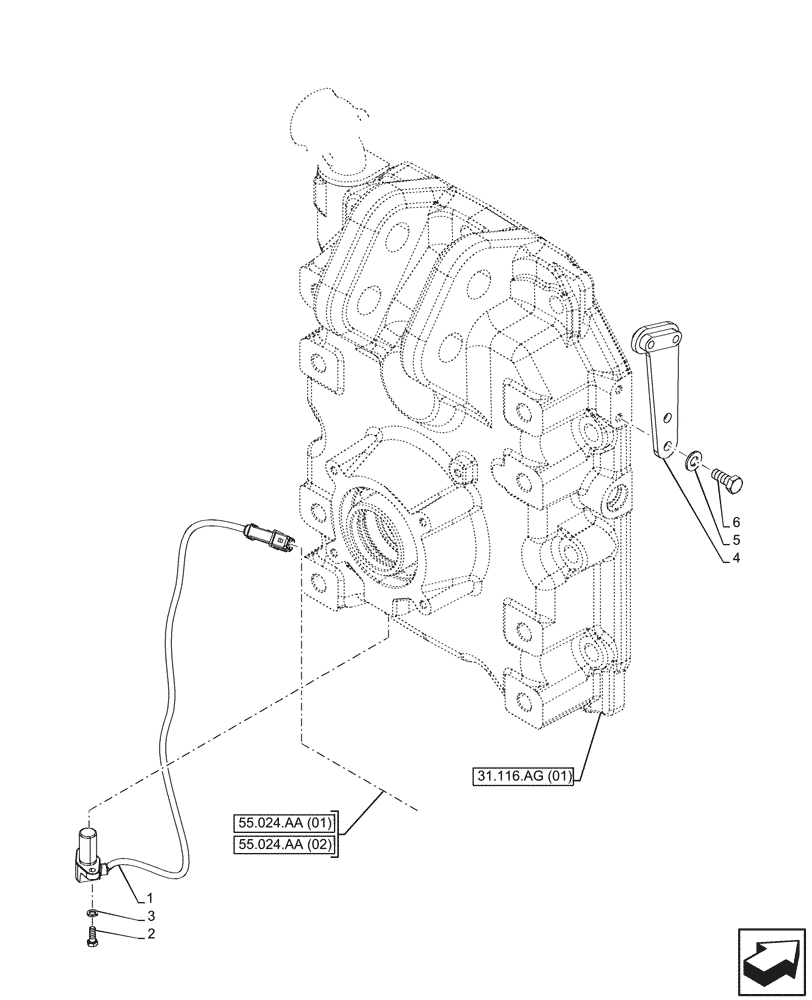 Схема запчастей Case IH PUMA 150 CVT - (55.048.AI[01]) - VAR - 391139, 392831, 758023, 758024, 759429 - PTO, SPEED SENSOR (55) - ELECTRICAL SYSTEMS