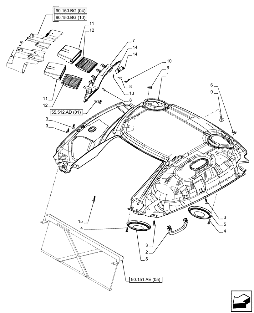 Схема запчастей Case IH PUMA 165 CVT - (90.160.AX[03]) - VAR - 338305, 338313, 758961, 758963 - HEADLINER, W/ HIGH VISIBILITY PANEL (90) - PLATFORM, CAB, BODYWORK AND DECALS