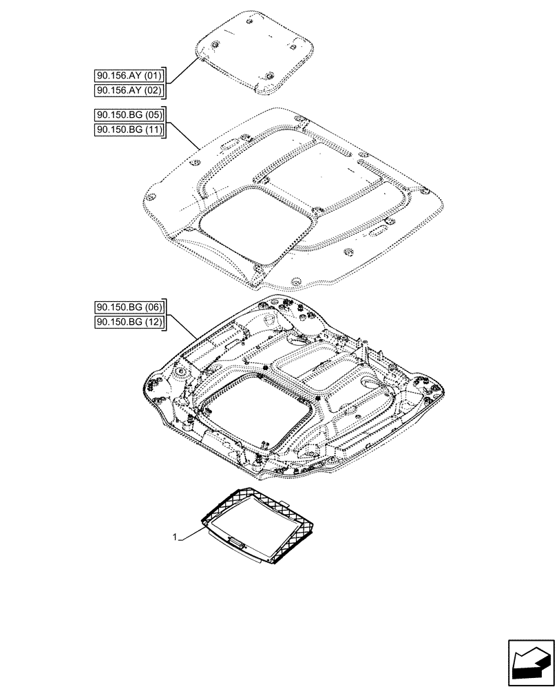 Схема запчастей Case IH PUMA 150 - (90.151.AE[06]) - VAR - 338305, 338306, 338309, 338313, 338314, 338315, 758961, 758963 - CAB ROOF, W/ HIGH VISIBILITY PANEL, SUN PROTECTION (90) - PLATFORM, CAB, BODYWORK AND DECALS