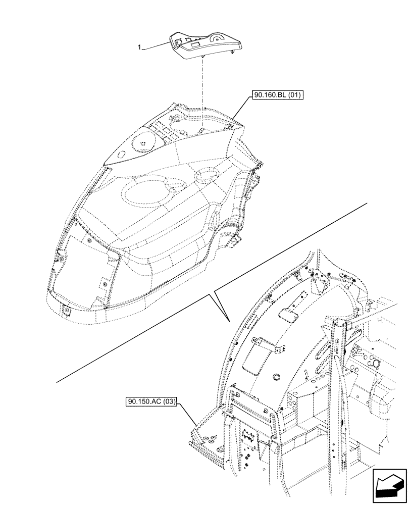 Схема запчастей Case IH PUMA 220 - (90.160.BL[07]) - VAR - 338181, 338182, 391145, 758028, 758029, 758030 - PTO, CONTROL, COVER, RH (90) - PLATFORM, CAB, BODYWORK AND DECALS