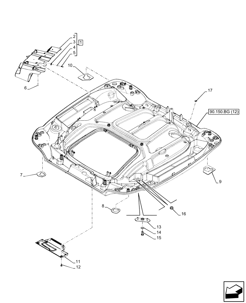 Схема запчастей Case IH PUMA 220 CVT - (90.150.BG[10]) - VAR - 338305, 338309, 338313, 338315 - CAB ROOF, W/ HIGH VISIBILITY PANEL, W/ AUTOGUIDANCE (90) - PLATFORM, CAB, BODYWORK AND DECALS