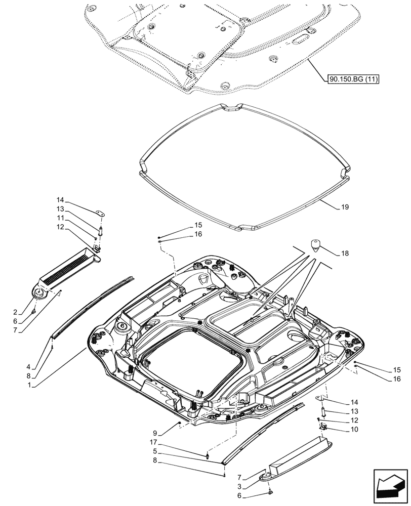 Схема запчастей Case IH PUMA 220 CVT - (90.150.BG[12]) - VAR - 338305, 338309, 338313, 338315 - ROOF LINING, W/ HIGH VISIBILITY PANEL, W/ AUTOGUIDANCE (90) - PLATFORM, CAB, BODYWORK AND DECALS