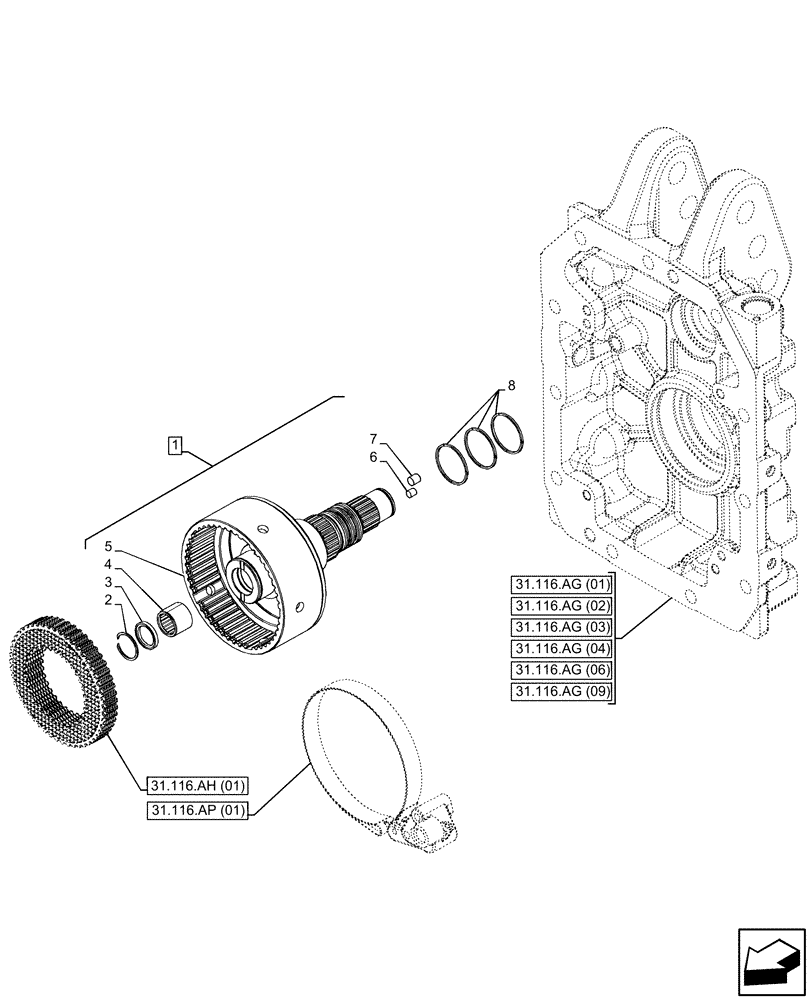 Схема запчастей Case IH PUMA 165 CVT - (31.116.AP[01]) - VAR - 391139, 758023, 758024, 759429 - PTO 540/540E/1000 RPM, PTO 540E/1000/1000E RPM, BRAKE (31) - IMPLEMENT POWER TAKE OFF