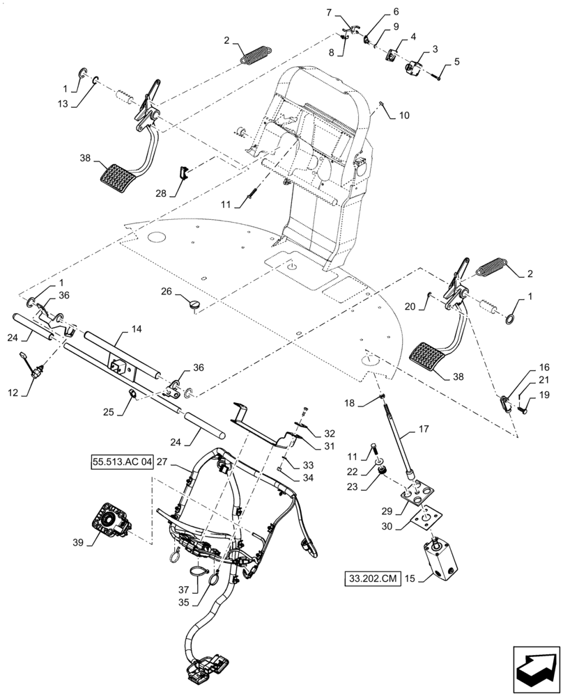 Схема запчастей Case IH STEIGER 470 - (33.202.010[02]) - BRAKE AND CLUTCH PEDAL (BTW ZFF308001 - ZGF309112) (33) - BRAKES & CONTROLS