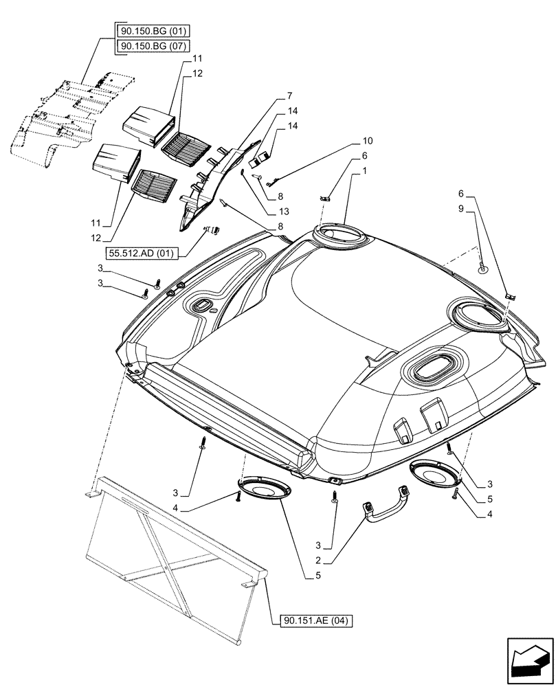 Схема запчастей Case IH PUMA 240 CVT - (90.160.AX[02]) - VAR - 338303, 338304, 338311, 338312 - HEADLINER, W/ ELECTRIC MIRROR (90) - PLATFORM, CAB, BODYWORK AND DECALS