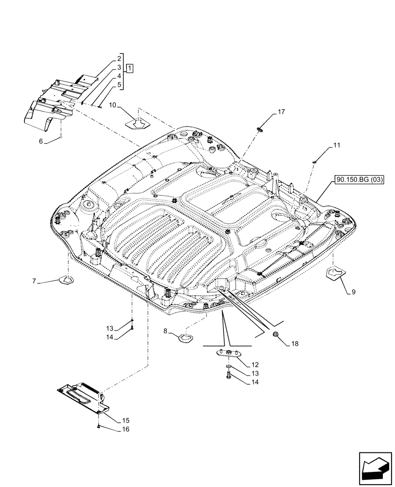 Схема запчастей Case IH PUMA 185 CVT - (90.150.BG[01]) - VAR - 338303, 338311, 391345, 758962 - CAB ROOF (90) - PLATFORM, CAB, BODYWORK AND DECALS