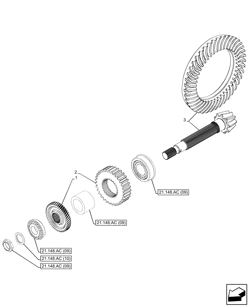 Схема запчастей Case IH PUMA 150 CVT - (21.148.AC[02]) - VAR - 338397, 758023, 758868, 758869 - TRANSMISSION, REAR, GEARS & SHAFT, BEVEL PINION, CVT (21) - TRANSMISSION