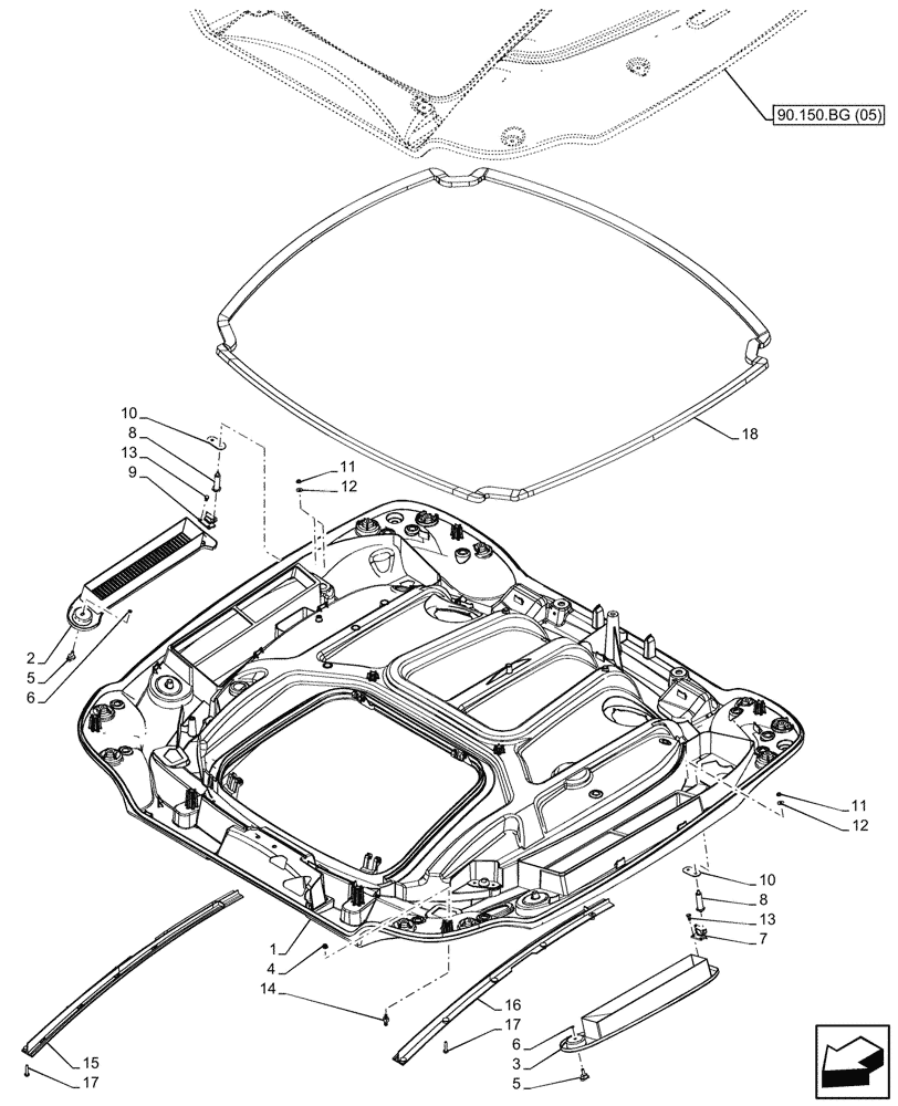 Схема запчастей Case IH PUMA 185 CVT - (90.150.BG[06]) - VAR - 338306, 338314, 758961, 758963 - ROOF LINING, W/ HIGH VISIBILITY PANEL (90) - PLATFORM, CAB, BODYWORK AND DECALS