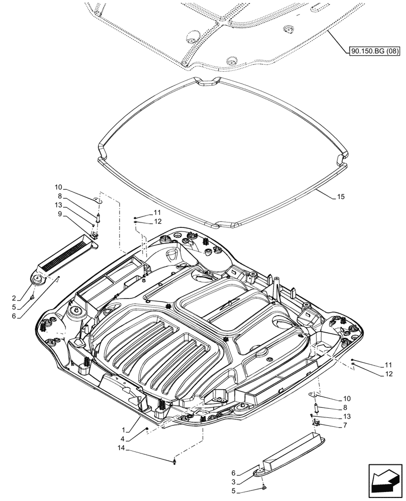 Схема запчастей Case IH PUMA 185 - (90.150.BG[09]) - VAR - 338302, 338304, 338310, 338312 - ROOF LINING, W/ HIGH VISIBILITY PANEL (90) - PLATFORM, CAB, BODYWORK AND DECALS