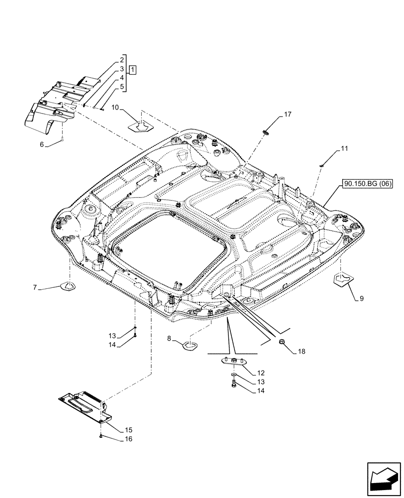 Схема запчастей Case IH PUMA 185 - (90.150.BG[04]) - VAR - 338306, 338314, 758961, 758963 - CAB ROOF, W/ HIGH VISIBILITY PANEL (90) - PLATFORM, CAB, BODYWORK AND DECALS