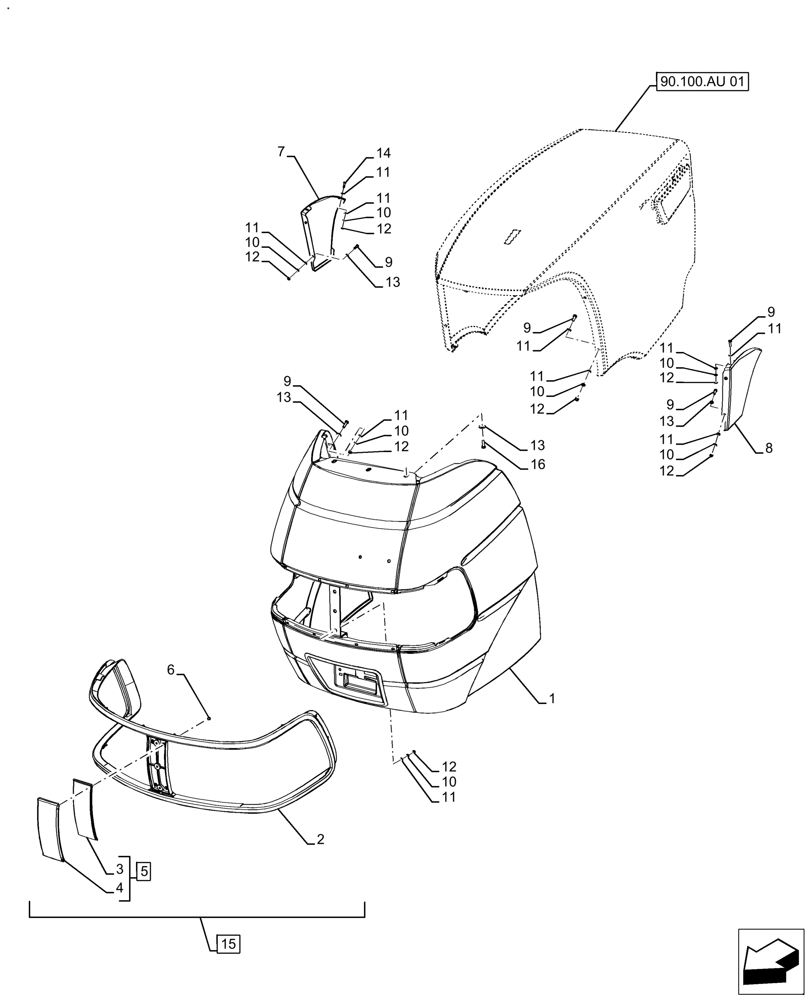 Схема запчастей Case IH FARMALL 140A - (90.100.AU[02]) - VAR - 391610, 393315 - HOOD, GRILLE, SIDE PANEL (90) - PLATFORM, CAB, BODYWORK AND DECALS