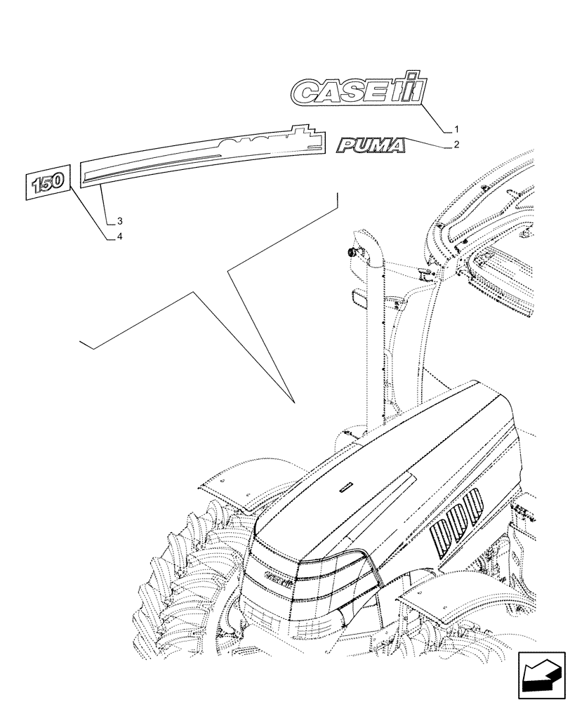 Схема запчастей Case IH PUMA 150 - (90.108.AB[01]) - DECAL, MODEL (90) - PLATFORM, CAB, BODYWORK AND DECALS