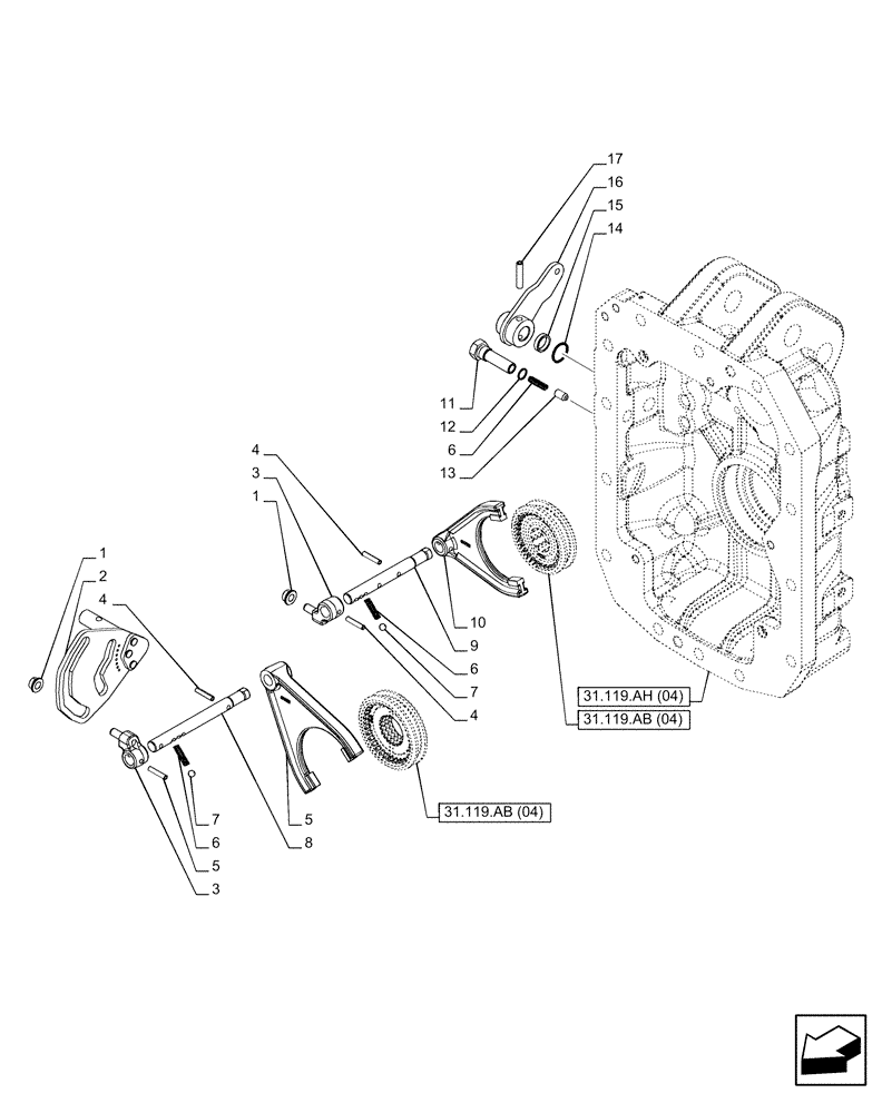 Схема запчастей Case IH PUMA 200 CVT - (31.119.AO[02]) - VAR - 758030 - PTO 540/540E/1000/1000E RPM, SELECTOR (31) - IMPLEMENT POWER TAKE OFF