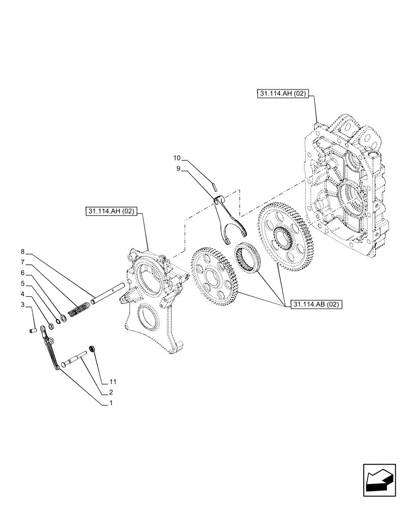 Схема запчастей Case IH PUMA 150 CVT - (31.114.AO[02]) - VAR - 758031 - PTO 540/1000 RPM, SELECTOR (31) - IMPLEMENT POWER TAKE OFF