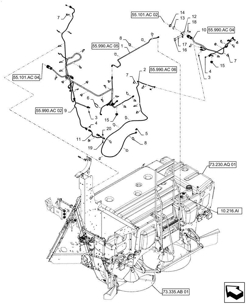 Схема запчастей Case IH 6140 - (55.990.AC[01]) - WIRE HARNESS, STRAW HOOD (55) - ELECTRICAL SYSTEMS