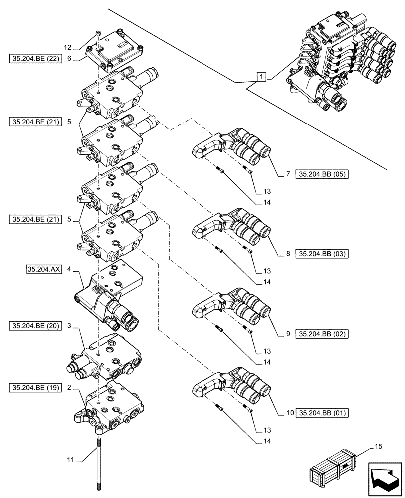 Схема запчастей Case IH PUMA 150 - (35.204.BE[10]) - VAR - 758058 - 4 REMOTE CONTROL VALVES (MHR W/PB), COMPONENTS (35) - HYDRAULIC SYSTEMS