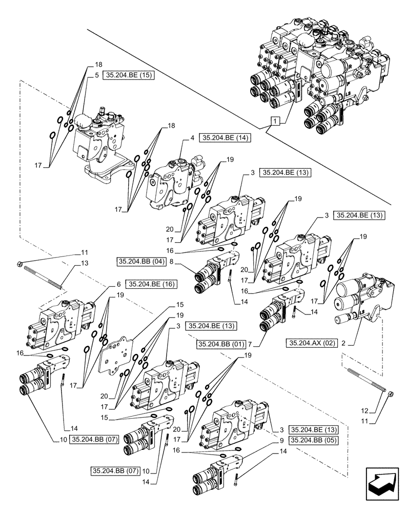 Схема запчастей Case IH PUMA 240 CVT - (35.204.BQ[12]) - VAR - 758061 - 5 REMOTE CONTROL VALVES (EHR W/PB), COMPONENTS (35) - HYDRAULIC SYSTEMS