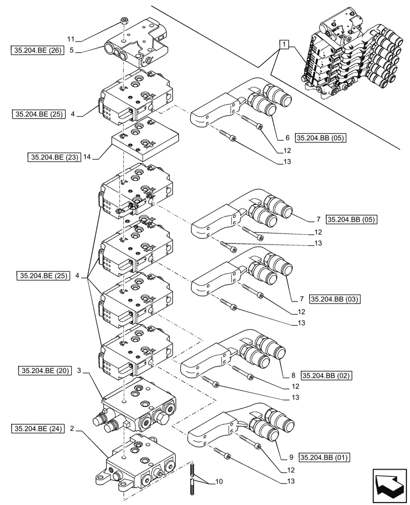 Схема запчастей Case IH PUMA 150 - (35.204.BQ[20]) - VAR - 758061 - 5 REMOTE CONTROL VALVES (EHR) (35) - HYDRAULIC SYSTEMS