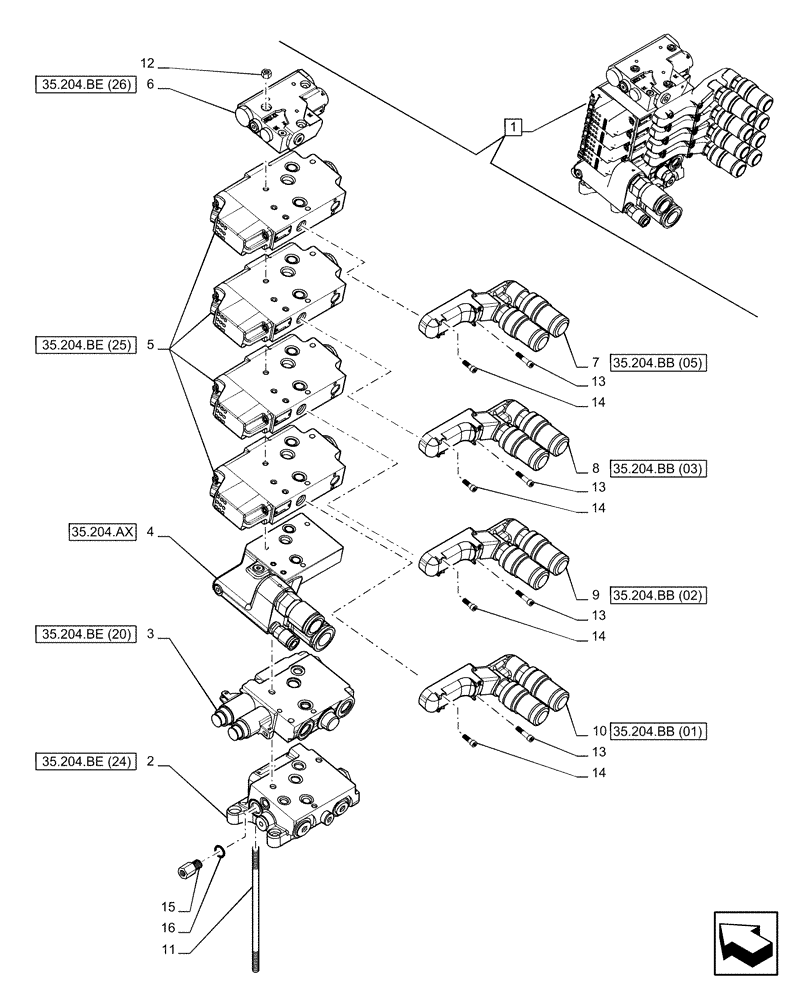 Схема запчастей Case IH PUMA 150 CVT - (35.204.BQ[16]) - VAR - 758060 - 4 REMOTE CONTROL VALVES (EHR W/PB), COMPONENTS (35) - HYDRAULIC SYSTEMS