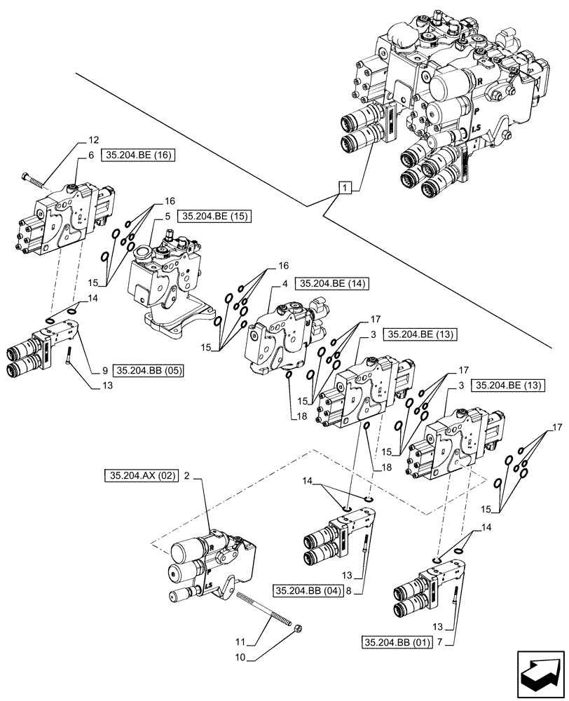 Схема запчастей Case IH PUMA 185 CVT - (35.204.BQ[04]) - VAR - 391165, 758059 - 3 REMOTE CONTROL VALVES (EHR W/PB), COMPONENTS (35) - HYDRAULIC SYSTEMS