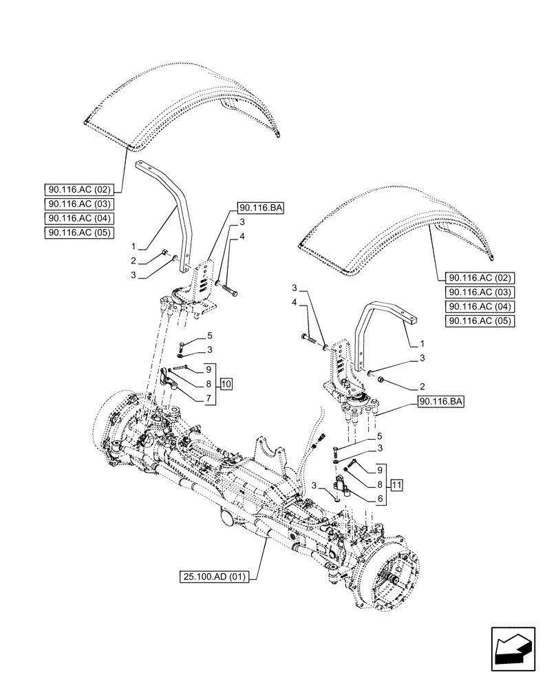 Схема запчастей Case IH PUMA 185 CVT - (90.116.AC[01]) - VAR - 758969, 758970, 758971, 758972 - DYNAMIC FRONT FENDER, SUPPORT (90) - PLATFORM, CAB, BODYWORK AND DECALS