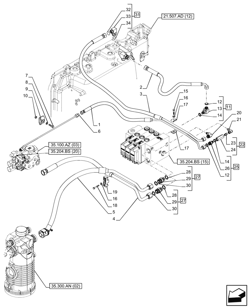 Схема запчастей Case IH PUMA 200 CVT - (35.204.BS[16]) - VAR - 758064, 758065, 758066 - 3 ELECTRONIC MID MOUNTED VALVES, LINE (35) - HYDRAULIC SYSTEMS