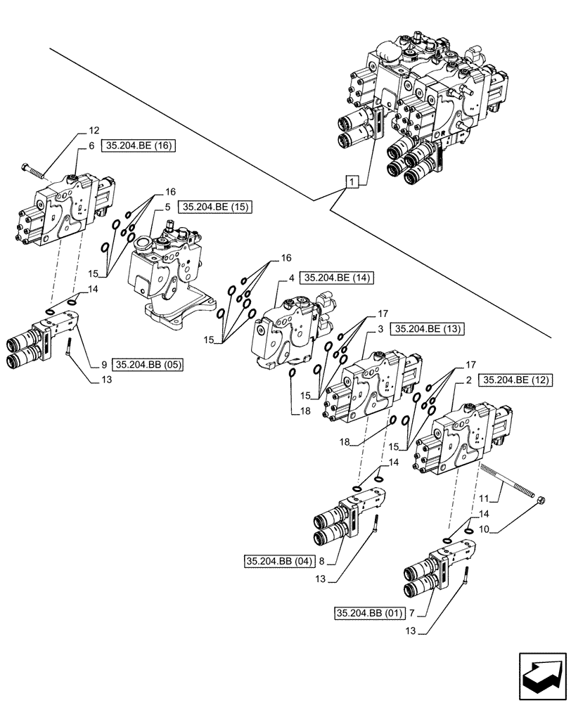 Схема запчастей Case IH PUMA 185 CVT - (35.204.BQ[02]) - VAR - 391165, 758059 - 3 REMOTE CONTROL VALVES (EHR), COMPONENTS (35) - HYDRAULIC SYSTEMS